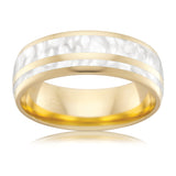 Yellow Gold Wedding ring with a white gold Spectrum inlay. 