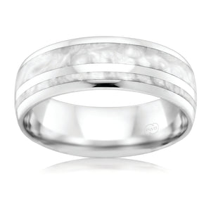 White Gold Wedding ring with a white gold Spectrum inlay. 