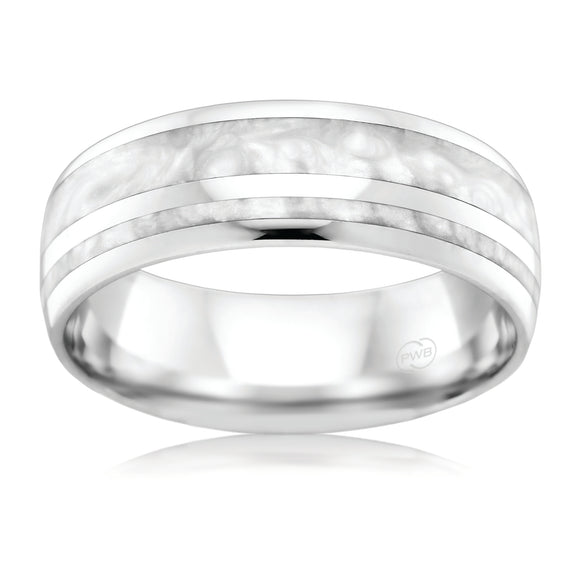 White Gold Wedding ring with a white gold Spectrum inlay. 